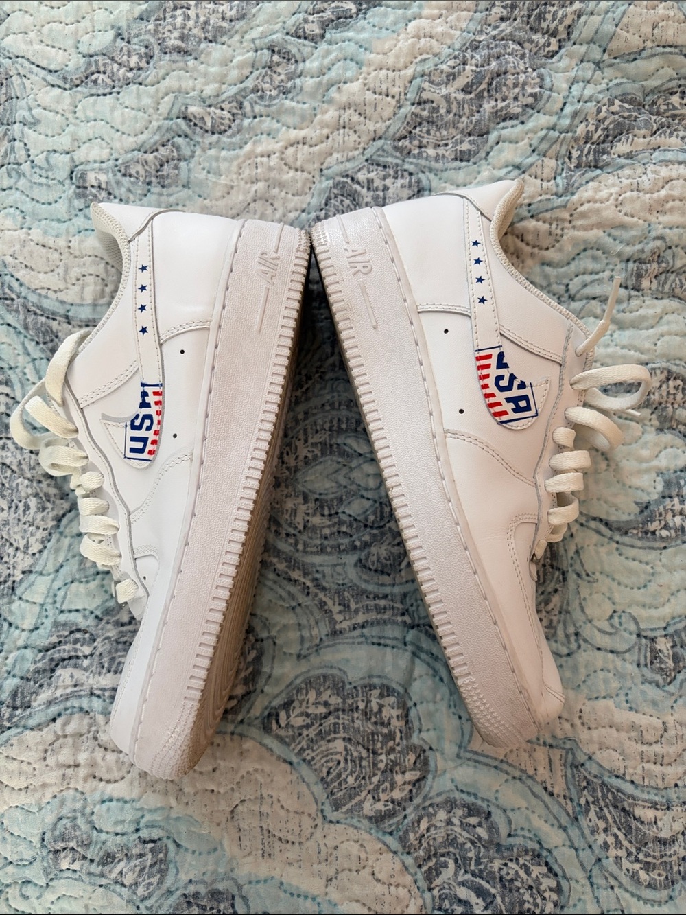 Custom Triple White Women’s Nike Air Force 1 With Team USA Stamp on Nike Check - Picture 1 of 9